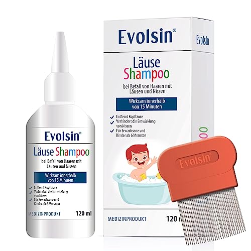 Evolsin® 120ml Läuseshampoo & Läusekamm für Erwachsene & Kinder ab 6 Monaten – bei Befall von Haaren mit Nissen & Kopfläusen – Läusemittel schonend für die Kopfhaut – wirkt in 15 Minuten